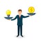 Man balances Light Bulb Idea vs Money on scales concept. Vector flat business illustration