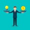 Man balances Light Bulb Idea vs Money on scales concept. Vector flat design business illustration