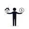 Man balances Money and house icon. Real estate sale illustration. Coin and home balance. Weights with house and money coin. Vector