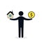 Man balances Money and house icon. Real estate sale illustration. Coin and home balance. Weights with house and money. Vector