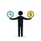 Man balances Money and Time concept. Time and money balance. Weights with clock and money. Vector illustration