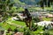 A man is balancing over the skis in the adventure-park in Zillertal valley in Tirol