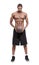 Man, basketball player and shirtless for exercise, thinking and standing on white background. Concentration, training or