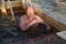 Man bathes into cold water of ice-hole on Epiphany day. Russia