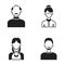 A man with a beard, a businesswoman, a pigtail girl, a bald man with a mustache.Avatar set collection icons in black