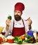 Man with beard holds chili and bell pepper on white