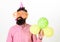 Man with beard and mustache on calm face holds air balloons, white background. Hipster in giant sunglasses celebrating