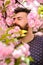 Man with beard and mustache on calm face near pink flowers. Unity with nature concept. Bearded man with fresh haircut