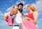 Man with beard shows thumb up gesture. Couple in love recommend shopping summer. Happy wife satisfied purchases. He