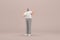 The man with beard wearinggray corduroy pants and white collar t-shirt. He is expression of hand when talking. 3d rendering of