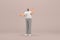 The man with beard wearinggray corduroy pants and white collar t-shirt. He is expression of hand when talking. 3d rendering of