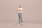 The man with beard wearinggray corduroy pants and white collar t-shirt. He is expression of hand when talking. 3d rendering of