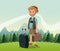 Man bearded with camera suitcase baggage hat landscape background