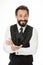 Man bearded cheerful businessman tell unbelievable story isolated white. Pleasant communication with businessman