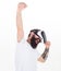 Man bearded gamer VR glasses white background. Cyber reality game concept. Win virtual contest. Guy with head mounted