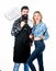 Man bearded hipster and girl ready for barbecue party. Culinary concept. Family weekend. Couple in love hold cooking