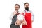 Man bearded hipster and mature chef apron white background. Working hours and lunch break. Lack of time. Check what time