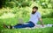 Man bearded with laptop relaxing meadow nature background. Blogger becoming inspired by nature. Writer looking for