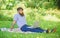 Man bearded with laptop relaxing meadow nature background. Blogger becoming inspired by nature. Writer looking for