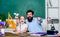 Man bearded pedagogue and pupil having fun. School learners leisure. Creating a community of learners. Teacher and