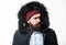 Man bearded stand warm jacket parka isolated on white background. Hipster winter fashion. Guy wear black winter jacket