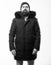 Man bearded stand warm jacket parka isolated on white background. How to choose best winter jacket. Weather resistant