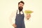 Man bearded waiter wear apron carry plate with dish. Delicious croissant. Guy serving croissant stuffed with lettuce and