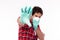 Man beg someone, Please stop spreading viruses, flu, covid19, coronavirus to people. Young guy wear face mask, medical glove He