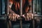 Man behind prison bars. Men\'s hands rest on the bars of a prison or prison cell. Conclusion concept. Crime and Punishment.