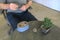 A man bending a wire for repotting bonsai