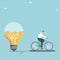 Man on bicycle fills with energy a light bulb of ideas