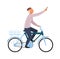 Man on bike with smartphone. Transport courier using phone. Vector images traveler male riding on bicycle