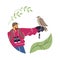 Man with binoculars and hawking glove holding falcon bird, vector Falconry training with professional equipment, foliage