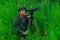 Man birdwatcher makes field observation with a spotting scope