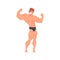 Man In Black Briefs Bodybuilder Funny Smiling Character On Steroids Demonstrating Muscles In Rear Double Biceps Pose As