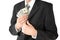 Man in black business suit, holding cash in hands