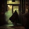 Man in a black cape standing in front of a door at night