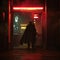 Man in a black cape standing in front of a door at night