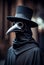 Man in a black cloak and mask walking on the street at night. plague doctor