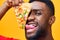 man black guy delivery studio smile food happy fast pizza food background red