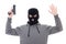 Man in black mask with gun holding hands up isolated on white