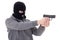 Man in black mask shooting with gun isolated on white