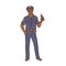 Man black policeman in uniform and cap with a portable radio in hand. Worker security and law enforcement. People of