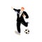 A man in a black suit prepares to hit the ball. The symbolic image of attempt, active action in business