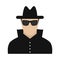 Man in black sunglasses and black hat flat icon