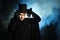 Man in a black top hat and cloak. Demonic image. Magician illusionist