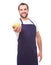 Man with blue apron and green apple
