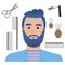 A man with blue hair or a hipster after cutting a beard at the hairdresser or barbershop, flat vector stock illustration with