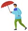 Man in blue jacket and green pants carries red umbrella. Protect from wind and rain using umbrella