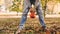 a man in blue jeans holds a pumpkin between his legs in a Park among yellow leaves